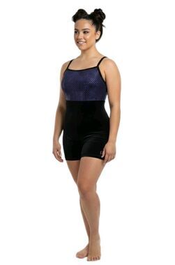 GK Elite VTG Purple Pixelated Metallic Black Velvet Logo Biketard Leotard AL